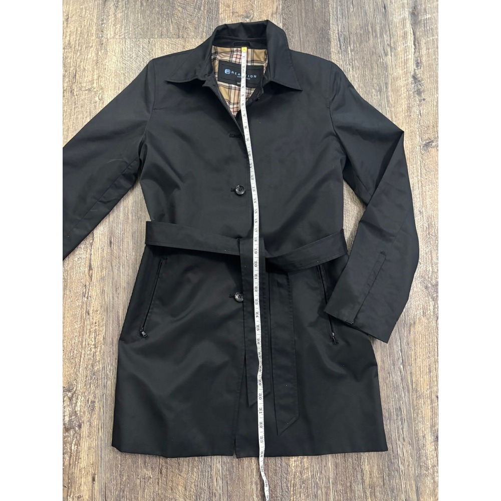 Kenneth Cole Reaction Women Black Trench Coat Plaid Lining Belted Jacket Size S - Picture 2 of 5